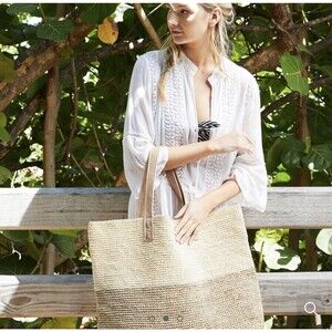 NEW Kassatex Palomino Beach Bag Tan Handwoven Fique Leather Oversized 2-Tone